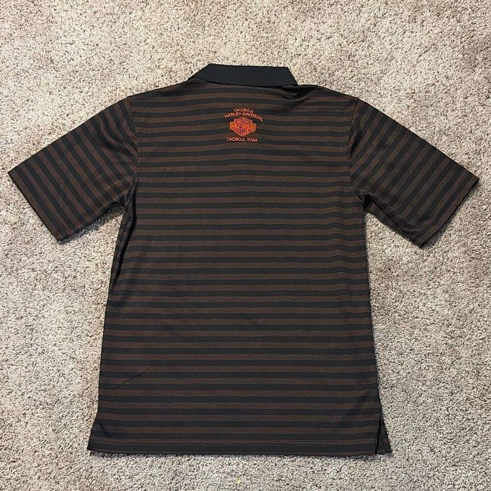 Harley Davidson Brown Striped Short Sleeve Polo Shirt Medium Okoboji IA - Picture 6 of 7